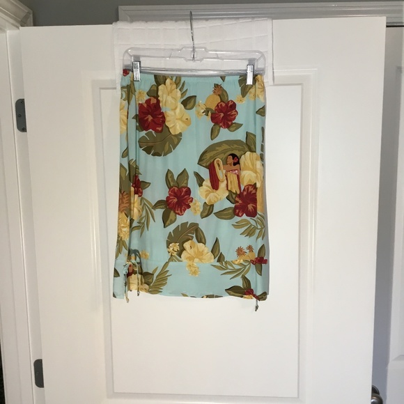Kahala Dresses & Skirts - Kahala Tropical Hawaiian Print Elastic Waist Skirt Baby Blue/ Green/ Tan Size S